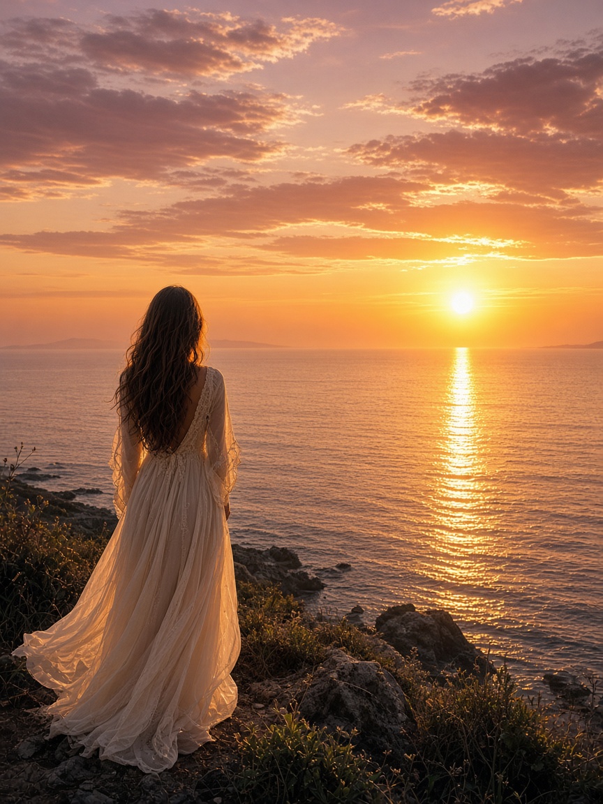 De dos, face au coucher de soleil