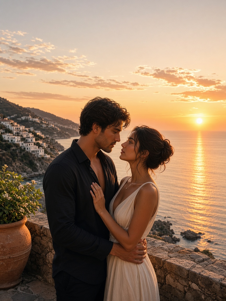Un couple s'enlace face au coucher de soleil